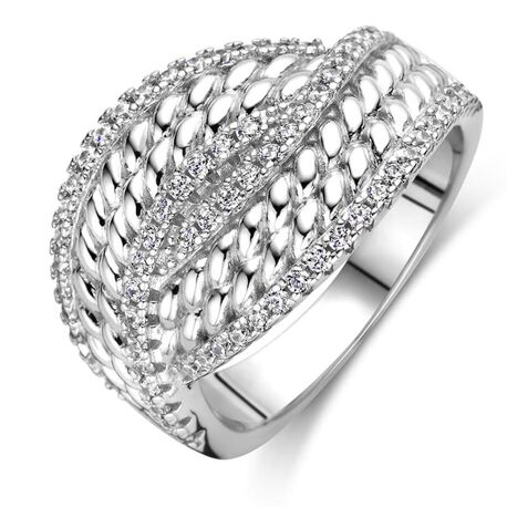 Zilveren gevlochten ring met rijtjes zirkonia's