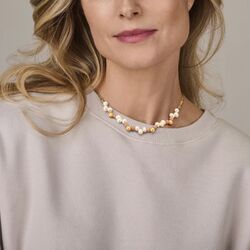 Verguld zilveren collier bolletjes parels en roze jade