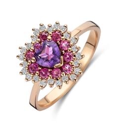 Roségouden ring hart met amethist rhodoliet diamant