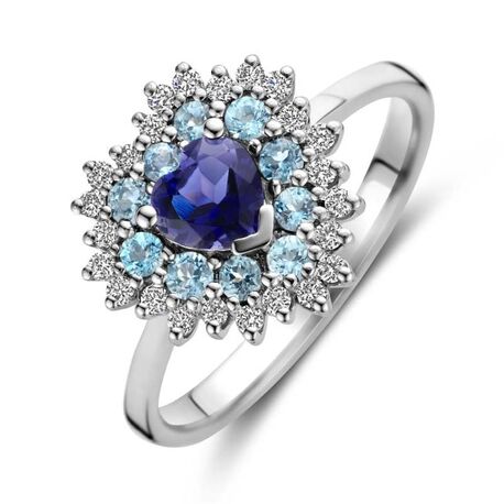 Witgouden hart ring ioliet sky blue topaas diamant