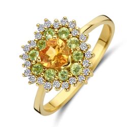 Gouden ring hart met citrien, peridot en diamant