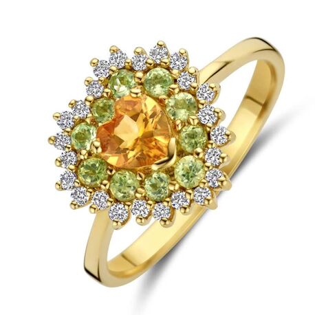 Geelgouden ring citrien peridot diamant in hartvorm