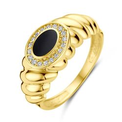 Geelgouden ring gedraaid met onyx en zirkonia