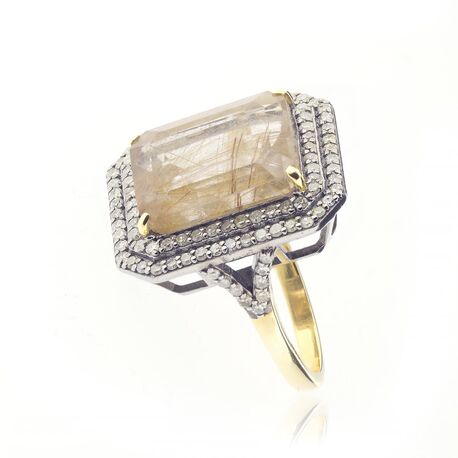 Gouden ring met rutielkwarts en 0.90 crt diamant indiagem