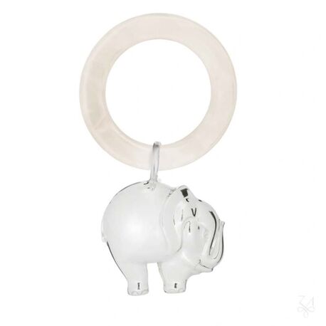 Zilveren rammelaar olifant aan parelmoerlook bijtring