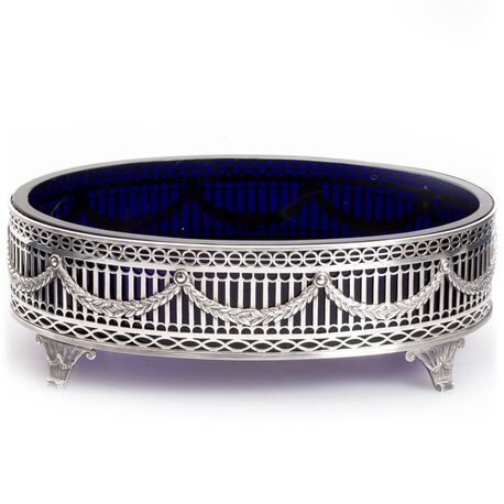 zilveren jardiniere blauw glazen binnenbak anno 1912