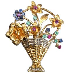 18 krt gouden bloemenmand broche 50er jaren smaragd robijn saffier