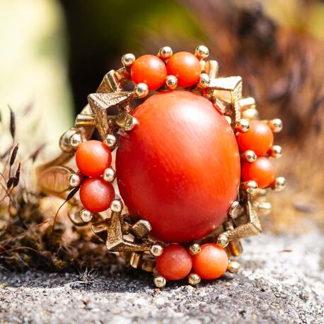 Vintage 14krt gouden ring met bloedkoraal