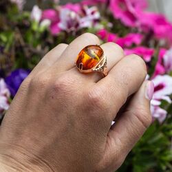 Vintage 14krt roségouden ring barnsteen