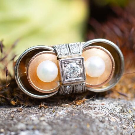 Vintage 14krt tricolor gouden ring briljanten en parels