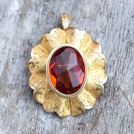 Vintage 14krt gouden hanger/broche oranje saffier