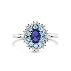 Witgouden ring ioliet, london blue topaas en diamant