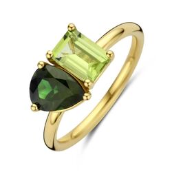 Gouden ring Toi et Moi peridoot en groen toermalijn