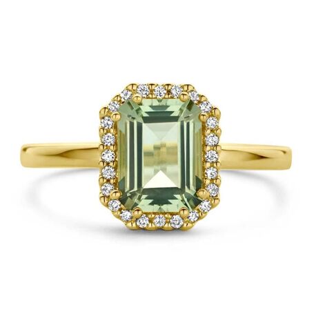 18k gouden ring groen amethist en diamant 0.10ct