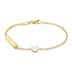 Geelgouden graveerarmband 11 - 13 cm parelmoer hartje