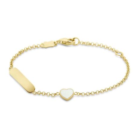 Geelgouden graveerarmband 11 - 13 cm parelmoer hartje