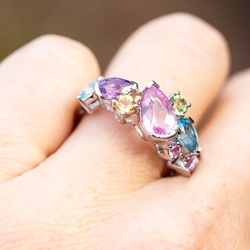 Vintage 14krt witgouden ring roze saffier amethist topaas peridot