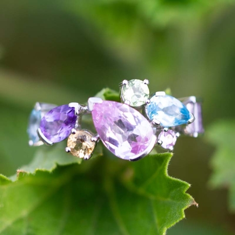 Vintage 14krt witgouden ring roze saffier amethist topaas peridot