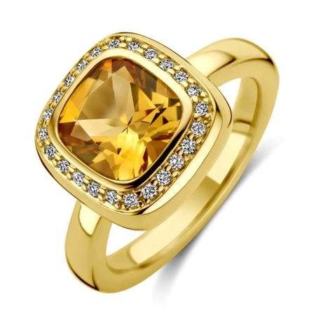 Geelgouden ring citrien en diamant 0,14 ct