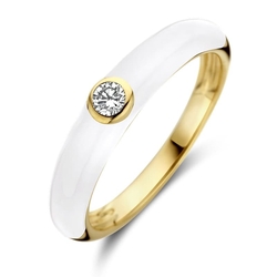 Geelgouden ring wit emaille met diamant 0.10ct