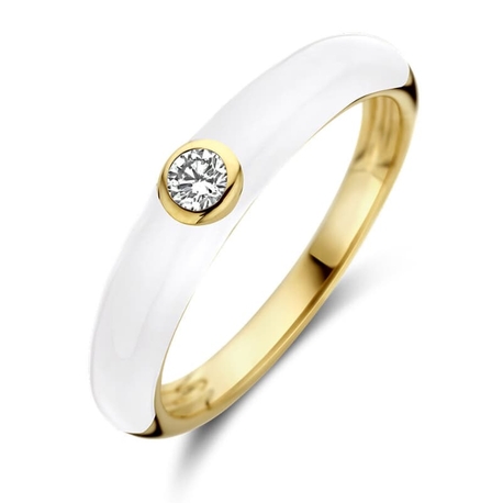 Geelgouden ring wit emaille met diamant 0.10ct