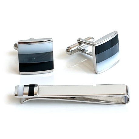 Zilveren manchetknopen en dasschuif van Carrs met onyx en parelmoer