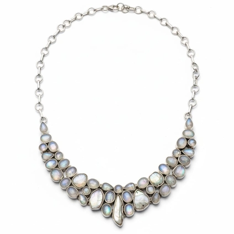 Collier zilver met regenboogmaansteen en parelmoer