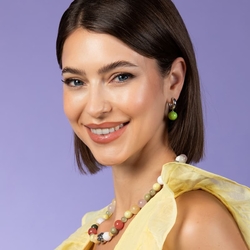 Heide Heinzendorff snoer rozenkwarts, mosterd, jade, jasper, prehniet