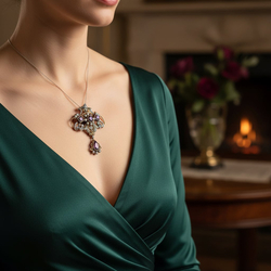 Vintage 18 krt + zilver hanger of broche amethist en roosdiamanten