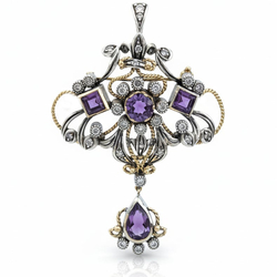 Vintage 18 krt goud en zilveren hanger/ broche amethist en diamanten