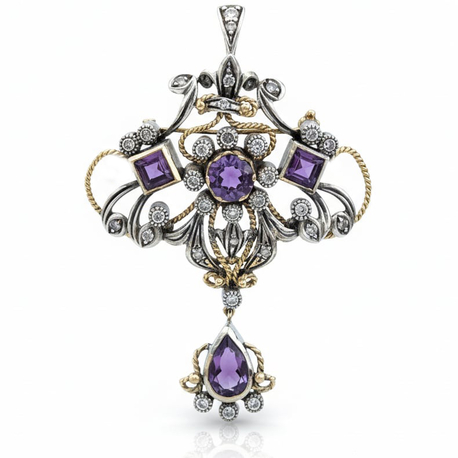 Vintage 18 krt + zilver hanger of broche amethist en roosdiamanten