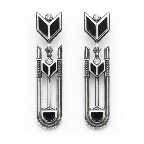 GL Timeless zilveren oorbellen zwart emaille, Swarovski Art Deco stijl