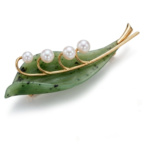 Vintage 18 krt goud broche nefriet en parels lelietje van dalen