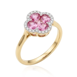 18 krt gouden ring klaver roze saffier 0,96 crt 28 x briljant 0,10 G SI