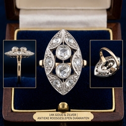 Bicolor gouden ring navette vorm met diamanten 50er jaren