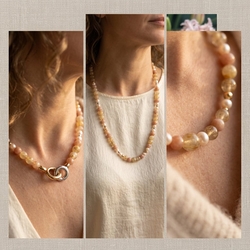 Edelsteen ketting met rutielkwarts maansteen en parels zilveren sluiting