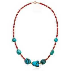 bloedkoraal en Tibetaans turkoois collier vergulde sluiting