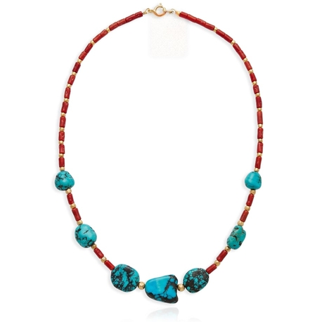 bloedkoraal en Tibetaans turkoois collier vergulde sluiting
