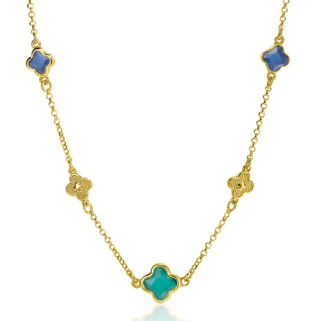 ZINZI verguld zilveren collier klavers blauw groen gelukscollier zic2583