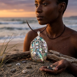 Abalione hanger met zilveren octopus met parels