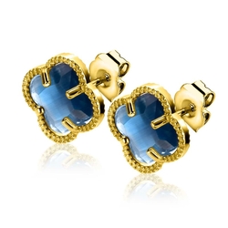 ZINZI vergulde oorbellen klavers donker blauw