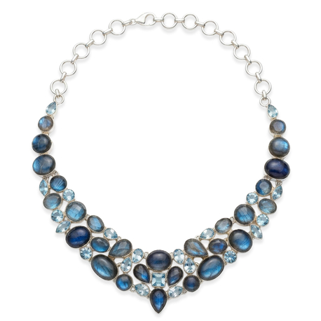 Zilv. coll. Labradoriet Aquamarijn Topaas 43cm