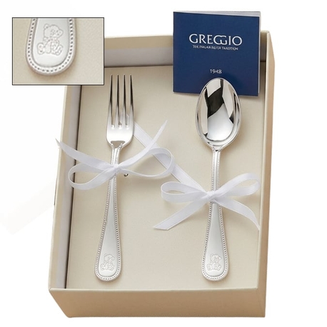 Verzilverd kinderbestekje parelrand met beer, graveerbaar