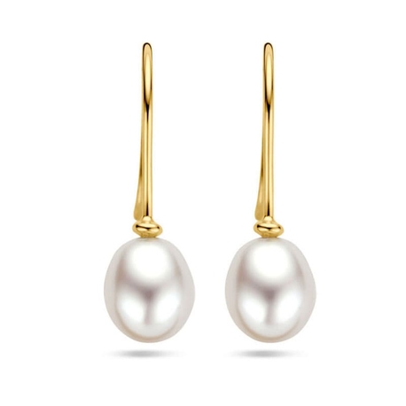 Geelgouden oorhangers met een zoetwaterparel