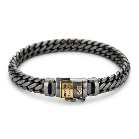 Buddhato Buddha gezwart zilveren armband met 14 karaat gouden schild