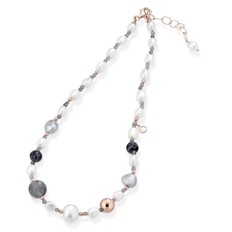 Lelune roséverguld zilveren collier grijs kwarts en wolkenkwarts