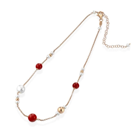 Lelune roséverguld zilveren collier roodkoraal en parels lgnk580