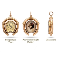 Zeldzame antieke 18 karaat roségouden hoefijzerhanger met miniatuurkompas en waarschijnlijk Essex crystal paardenportret. Circa 