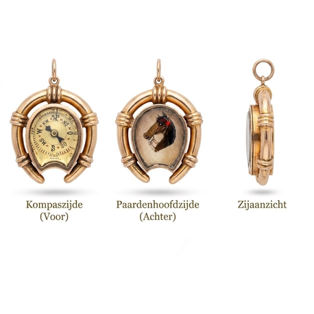 Zeldzame antieke 18 karaat roségouden hoefijzerhanger met miniatuurkompas en waarschijnlijk Essex crystal paardenportret. Circa 