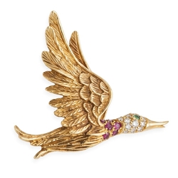 Vintage 18 krt gouden broche eend met edelstenen en briljanten Frankrijk rond 1960
